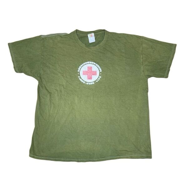 Y2K American Red Cross Green Khaki Skater Shirt Large - Picture 1 of 5